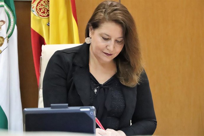 La consejera de Agricultura, Carmen Crespo, este viernes durante la videoconferencia que ha mantenido con la Mesa de Interlocución Agraria.