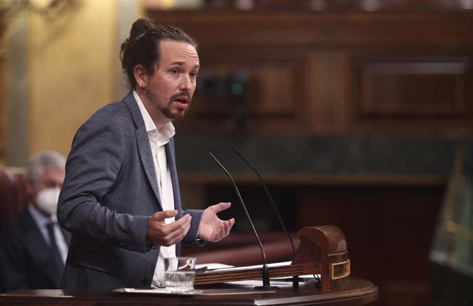 El vicepresidente segundo del Gobierno, Pablo Iglesias, interviene durante la segunda sesión del pleno en el que se debate la moción de censura planteada por Vox, en el Congreso de los Diputados, Madrid (España), a 22 de octubre de 2020. 