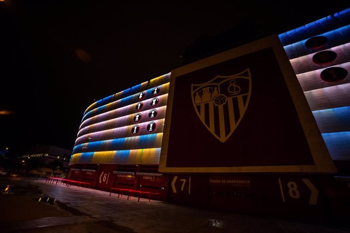 Sevilla FC lights up the Ramon Sanchez Pizjuan Stadium with the colors of the Argentine flag in tribute to Diego Armando Maradona on November 25, 2020, in Seville, Spain.