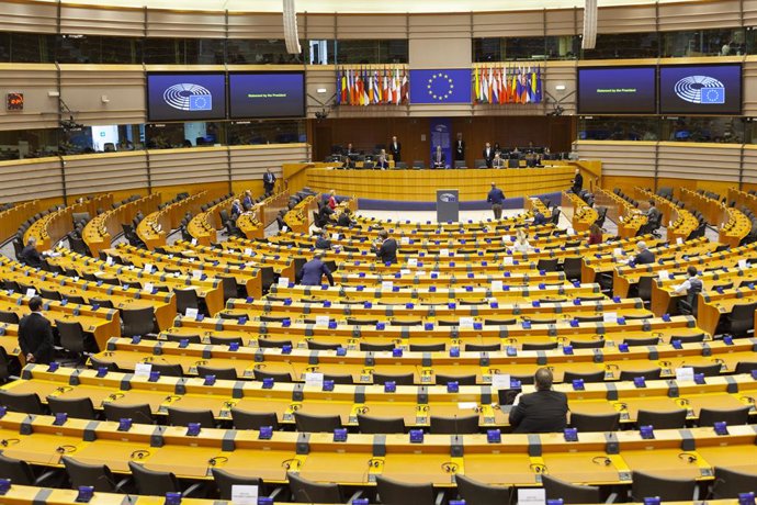 26 March 2020, Belgium, Brussels: A general view of the European Parliament members during a plenary session of the European Parliament to discuss the new developments of the coronavirus (COVID-19) spread across Europe Photo: Nicolas Landemard/Le Pictor