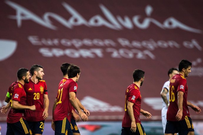 Celebrate score of Mikel Oyarzabal of Spain during the UEFA Nations league match between Spain and Germany at the la Cartuja Stadium on November 17, 2020 in Sevilla Spain