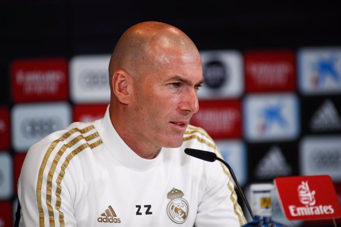 Zinedine Zidane, head coach of Real Madrid, attends to the Media during the press conference of Real Madrid at Ciudad Deportiva Real Madrid before the classic football match of spanish league, La Liga, on February 29, 2020 in Madrid, Spain.