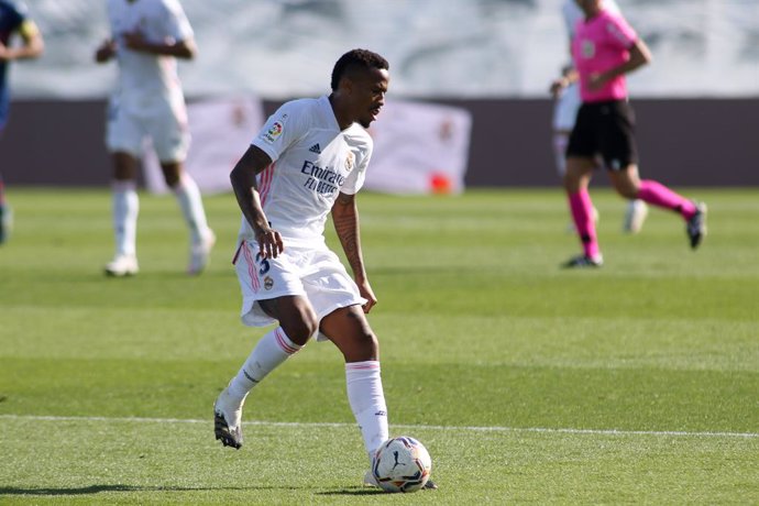 Edes Militao of Real Madrid in action during the spanish league, La Liga Santander, football match played between Real Madrid and SD Huesca at Alfredo Di Stefano stadium on October 31, 2020, in Valdebebas, Madrid, Spain.