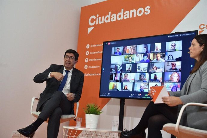 El coordinador autonómico de Cs en Andalucía, Juan Marín, en un encuentro telemático con afiliados y cargos del partido