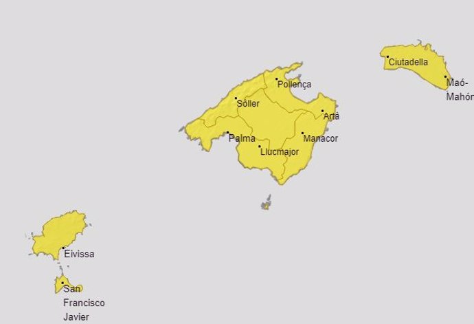Mapa de aviso amarillo (riesgo bajo) por lluvias y tormentas en Baleares.
