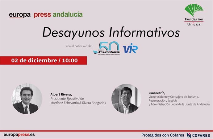 Cartel anunciador del desayuno informativo de Europa Press Andalucía con Albert Rivera y Juan Marín el próximo 2 de diciembre en Málaga