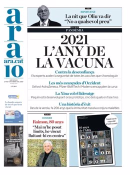 La portada del 29 de noviembre de 2020 del diario 'Ara', que este domingo cumple 10 años.