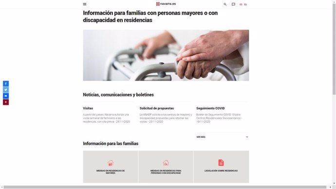 Imagen de la nueva web con información sobre los centros de mayores y discapacidad durante la pandemia