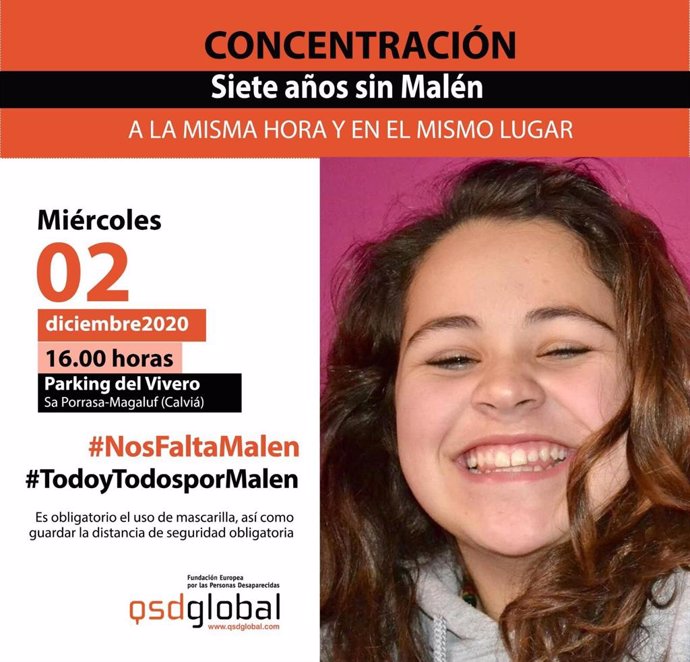 Imagen del cartel de la concentración por el séptimo aniversario de la desaparición de Malén Ortiz. 