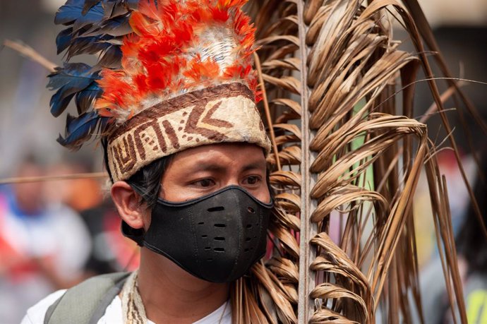 21 October 2020, Colombia, Bogota: A member of the indigenous communities of Colombia take part in a sit-in at the Palacio de Los Deportes amid protests against the government of President Ivan Duque Marquez. Photo: Chepa Beltran/VW Pics via ZUMA Wire/d
