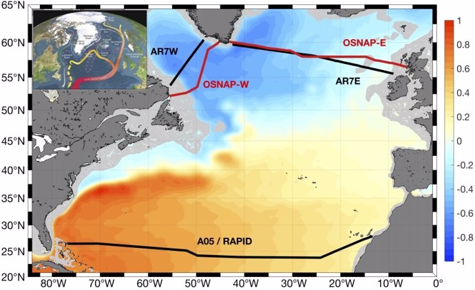 Mapa del Océano Atlántico Norte. Las secciones hidrográficas y las observaciones de la matriz están marcadas con líneas negras y rojas.