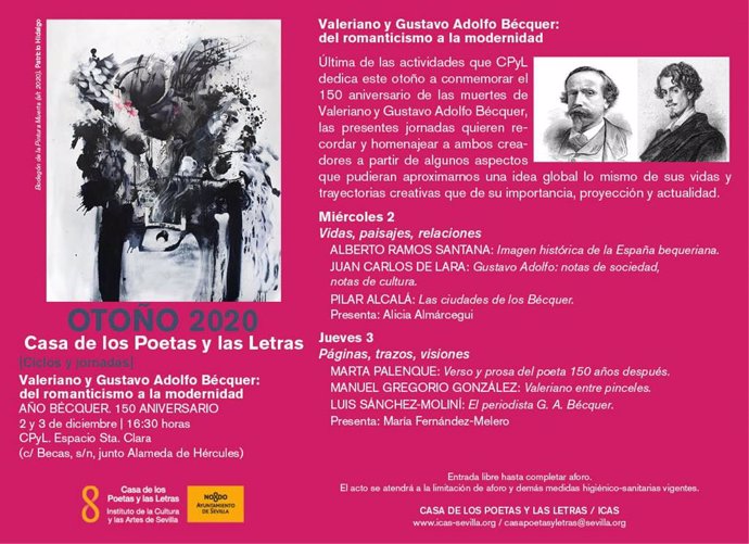 Programa de jornadas sobre los hermanos Bécquer en la Casa de los Poetas y las Letras de Sevilla.