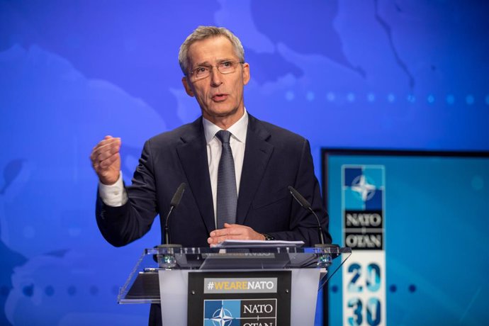 HANDOUT - 30 November 2020, Belgium, Brussels: NATO Secretary-General Jens Stoltenberg speaks during an online pre-ministerial press conference ahead of the meetings of NATO Ministers of Foreign Affairs on the first and the second of December. Photo: -/