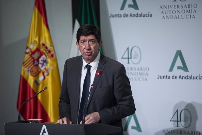 El vicepresidente de la Junta de Andalucía, Juan Marín, durante su intervención en la rueda de prensa posterior a la reunión del consejo de Gobierno de la Junta de Andalucía. En Sevilla (Andalucía, España), a 01 de diciembre de 2020.