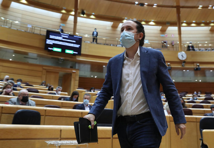 El vicepresidente de Derechos Sociales y Agenda 2030, Pablo Iglesias, interviene durante una sesión de control al Gobierno en el Senado, en Madrid (España), a 3 de noviembre de 2020. 