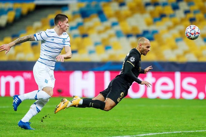 Martin Braithwaite of FC Barcelona scores the 0-2 goal during the UEFA Champions League, Group G football match between Dynamo Kyiv and FC Barcelona on November 24, 2020 at NSK Olimpiyskiy stadium in Kyiv, Ukraine