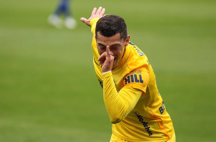 Yanis Rahmani of Malaga CF celebrates a goal during the spanish league, Liga Smartbank, football match played between SD Ponferradina and Malaga CF at El Toralin stadium on November 15, 2020, in Ponderada, Leon, Spain.