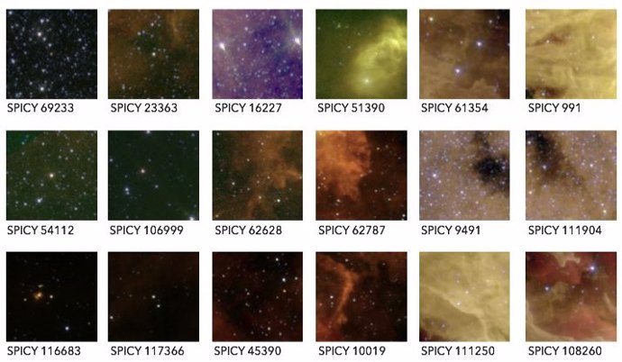 Imágenes de Spitzer infrarrojas centradas en varios candidatos de YSO. La nebulosidad se encuentra alrededor de muchos de los objetos. Algunas de las estrellas pueden ser difíciles de ver debido a los altos contrastes que se deben tener en cuenta al rea