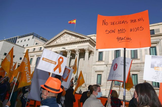 Convocados por la Plataforma Más Plurales, colectivos de la educación concertada se manifiestan contra la ‘Ley Celaá’ en el Congreso, el día de su aprobación