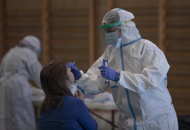 Sanitarios trabajando durante las pruebas de cribado de covid-19 con test de antígenos en pabellones deportivos de la ciudad. En el Pabellón Deportivo Pino Montano. En Sevilla (Andalucía, España), a 28 de octubre de 2020.