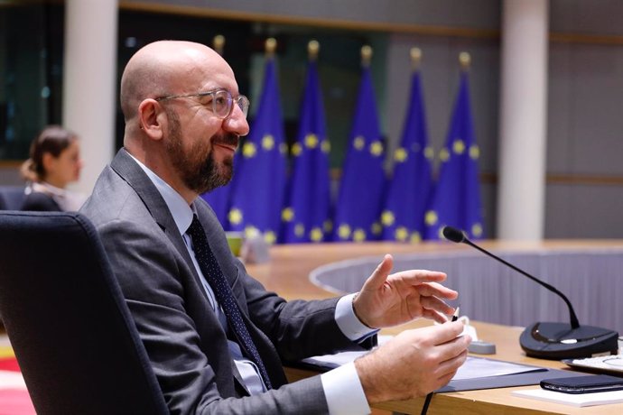 HANDOUT - 26 November 2020, Belgium, Brussels: European Council President Charles Michel attends the EU-Australia leaders' meeting via video conference with European Commission President Ursula von der Leyen and Australian Prime Minister Scott Morrisson