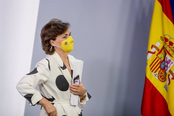 La vicepresidenta primera del Gobierno, Carmen Calvo, en una comparecencia en Moncloa