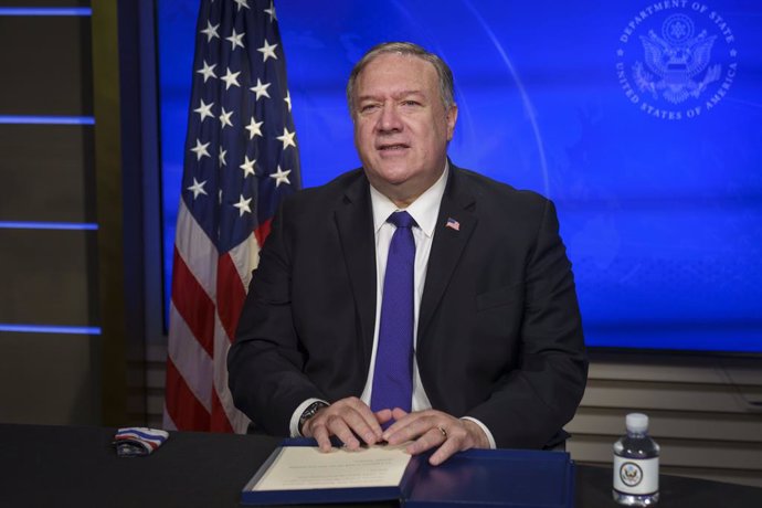 HANDOUT - 01 December 2020, US, Washington: US Secretary of State Mike Pompeo delivers virtual remarks during the virtual US-Bahrain Strategic Dialogue from the USDepartment of State, Photo: Ron Przysucha/US Department of State/dpa - ATTENTION: editori
