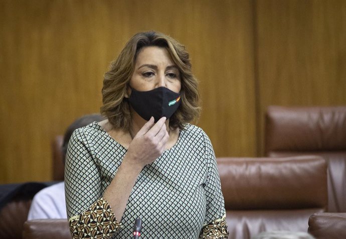 La secretaria general del PSOE-A, Susana Díaz, durante su intervención en la sesión de control al gobierno en el Pleno del Parlamento de Andalucía. En Sevilla (Andalucía, España), a 03 de diciembre de 2020. (Foto de archivo).