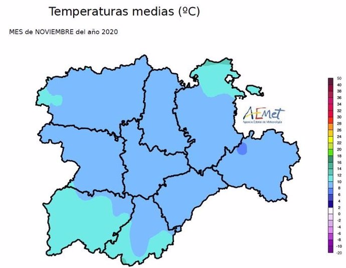 Mapa elaborado por la Aemet sobre las temperaturas medias registradas en CyL en el mes de noviembre de 2020