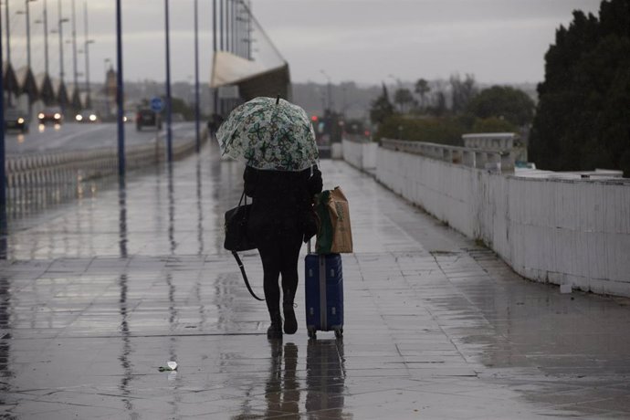Una persona camina bajo la lluvia con un paraguas y una maleta