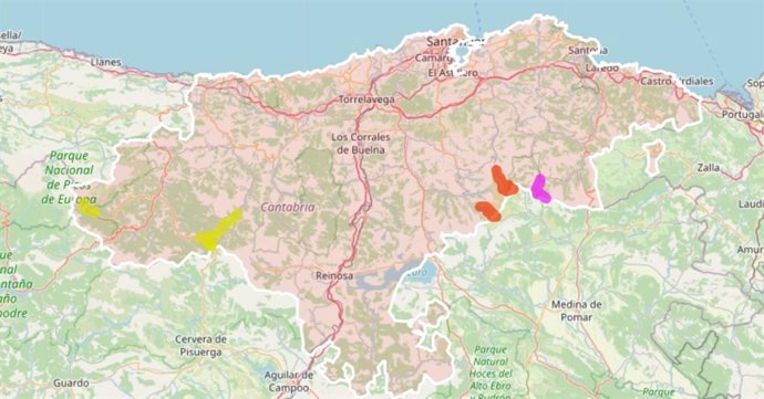 Mapa de Cantabria con las incidencias en carreteras por la nieve