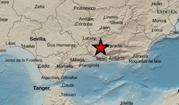 Mapa de Andalucía con la señalización del epicentro del terremoto registrado en Atarfe (Granada).