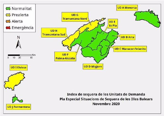 Mapa del índice de sequía de las Unidades de Demanda de Baleares.