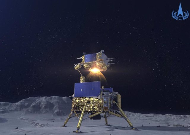 Ascendedor de la misión Chnag'5 despegando desde el módulo de aterrizaje tras la toma de muestras lunares