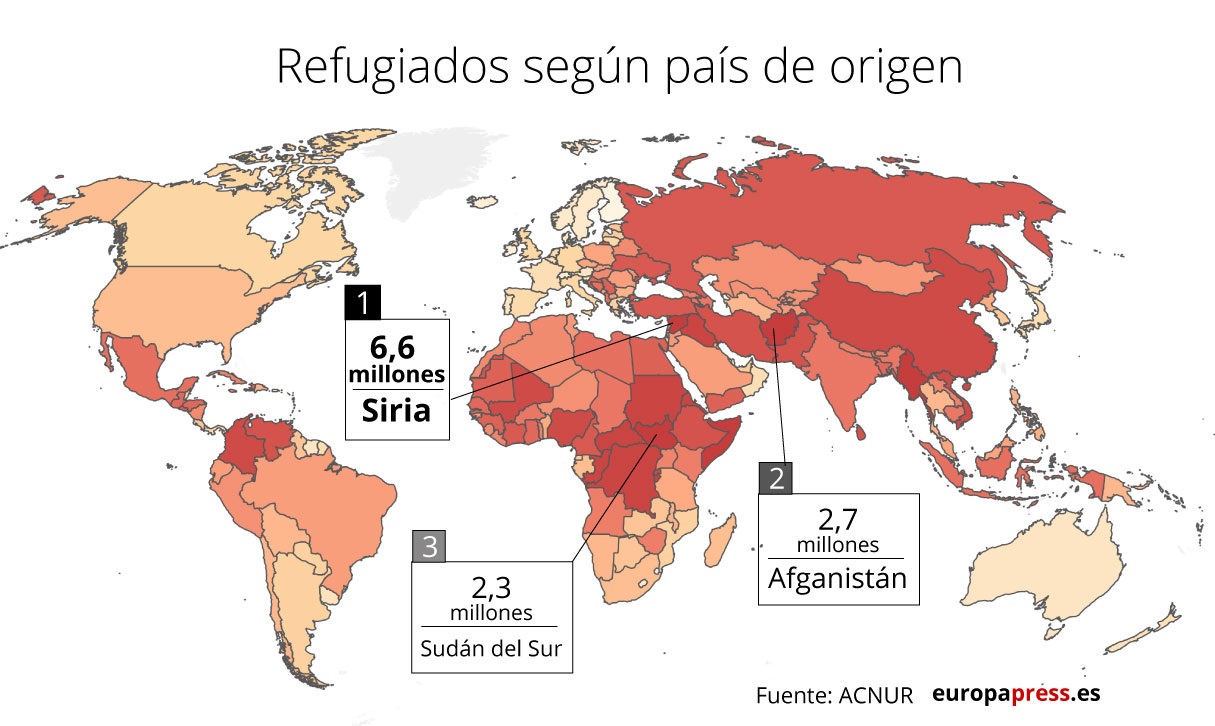 Mapa con refugiados en el mundo según país de origen