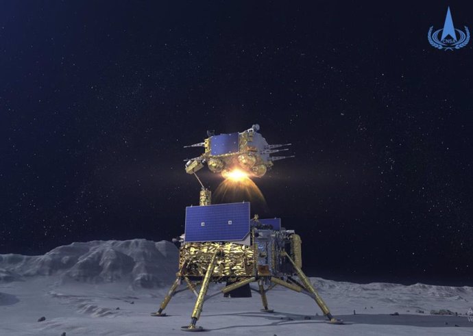 Ascendedor de la misión Chnag'5 despegando desde el módulo de aterrizaje tras la toma de muestras lunares