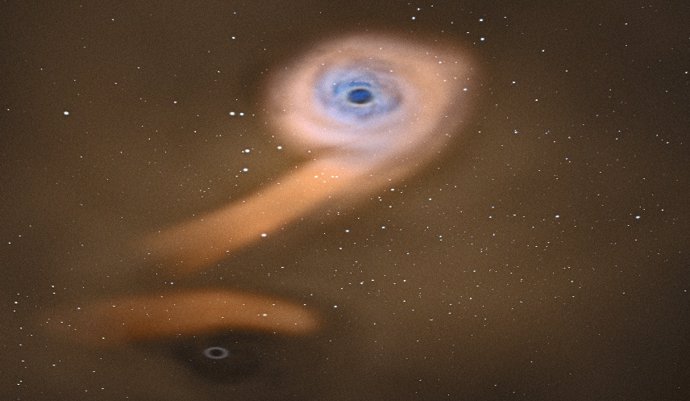 Una caricatura de un par de agujeros negros, con el de arriba acumulando material de una estrella moribunda, mientras que el de abajo rompe la corriente de escombros.