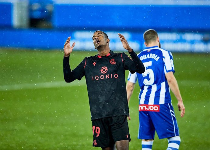 Alexander Isak of Real Sociedad laments during the Spanish league, La Liga Santander, football match played between Deportivo Alaves and Real Sociedad at San Mames stadium on December 06, 2020 in Vitoria, Spain.