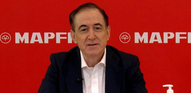 El presidente de Mapfre, Antonio Huertas, durante la presentación de resultados del primer trimeestre de 2020.