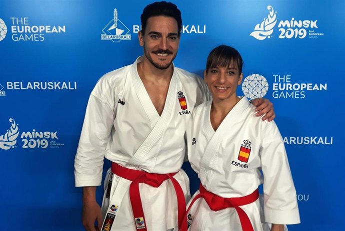 Los karatecas españoles Damián Quintero y Sandra Sánchez, durante los Juegos Europeos de Minsk 2019.