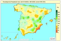 Las lluvias acumuladas en España entre el 1 de octubre y el 8 de diciembre no llegan al valor normal y acumulan un déficit hídrico del 8 por ciento.