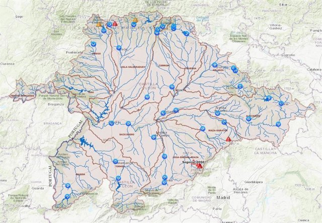 Mapa de la situación de las estaciones de aforo de la Confederación Hidrográfica del Duero (CHD).