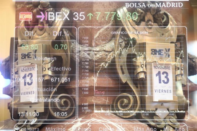 Calendario con la fecha del 13 de noviembre e imagen de los valores de la bolsa de Madrid  (España), a 13 de noviembre de 2020. 