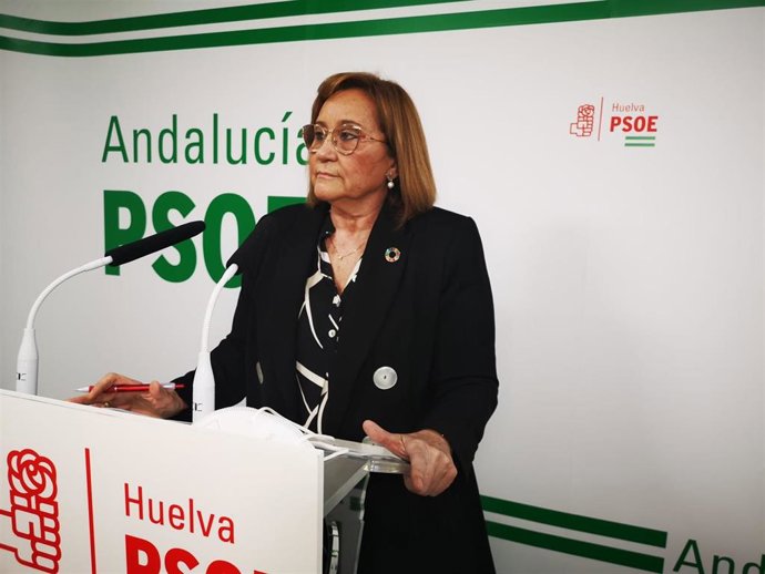 La diputada y coordinadora de la gestora del PSOE de Huelva, María Luisa Faneca, en rueda de prensa.