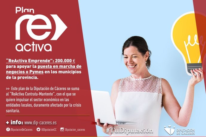 Cartel del plan Reactiva Emprende para ayudar a autónomos o pymes de la provincia de Cáceres