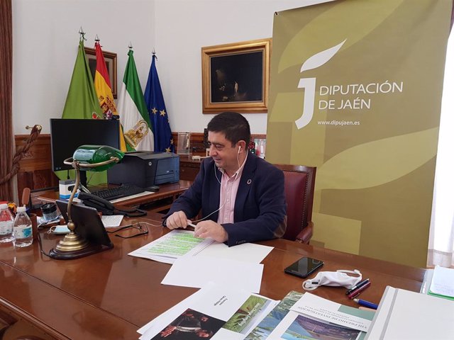 El presidente de la Diputación de Jaén, Francisco Reyes, durante la asamblea virtual de Famsi