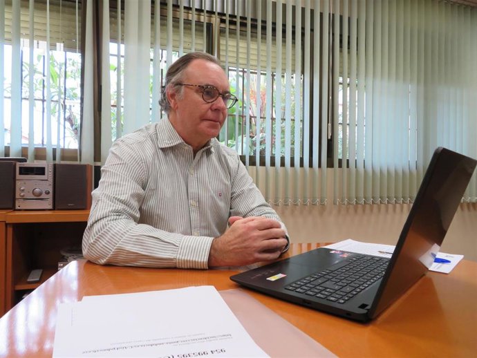 El delegado de Empleo, Formación, Trabajo Autónomo, Transformación Económica, Industria, Conocimiento y Universidades de la Junta de Andalucía en Huelva, Antonio Augustín, durante el encuentro online.