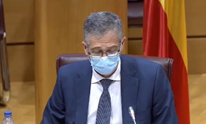 El gobernador del Banco de España, Pablo Hernández de Cos, en la Comisión de Presupuestos del Senado.