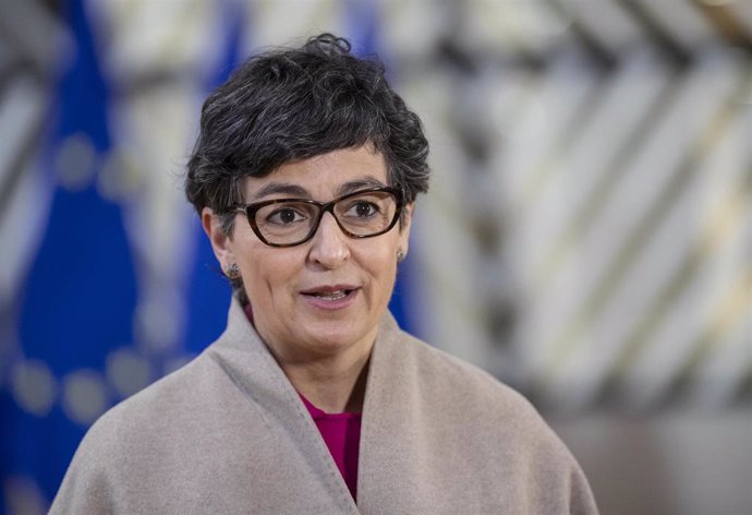 HANDOUT - 07 December 2020, Belgium, Brussels: Foreign minister Arancha Gonzalez Laya speaks to media as she arrives to attend the European Union Foreign Ministers meeting at the European Council building. Photo: Zucchi Enzo/European Council/dpa - ATTEN