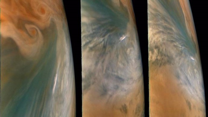 Estas imágenes de la misión Juno de la NASA muestran tres vistas de un punto caliente de Júpiter.